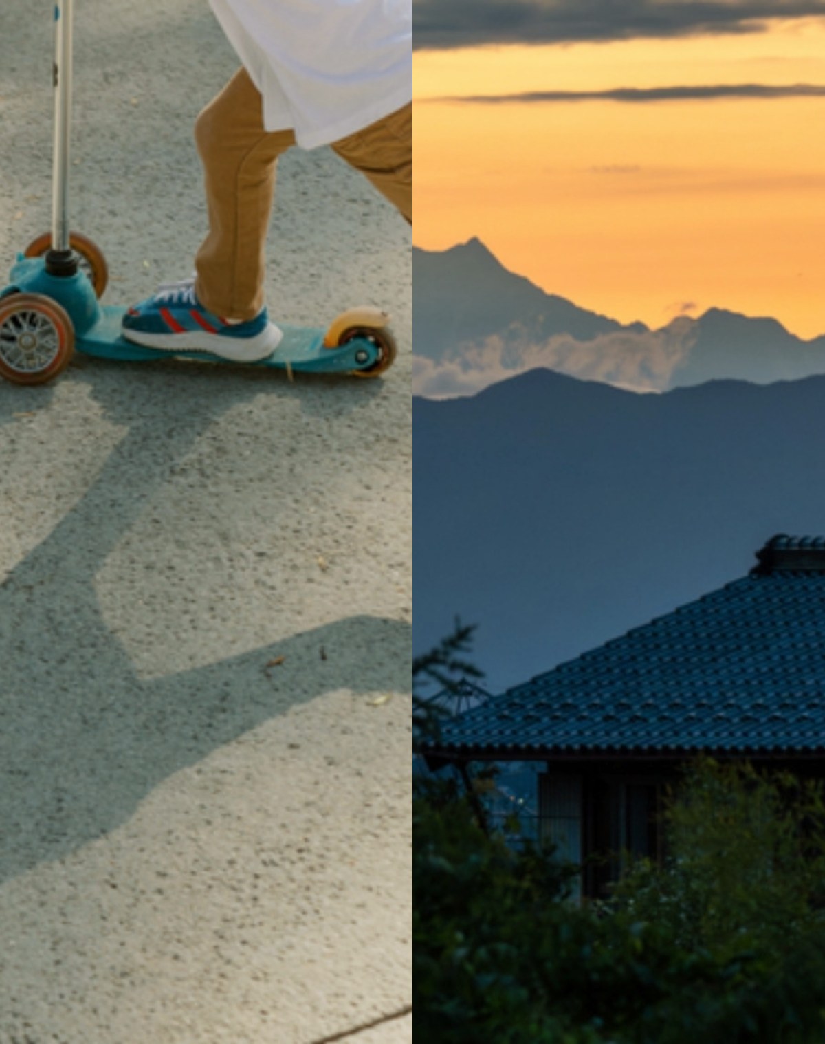 Down the block and around the world: a child on a scooter beside mountains at sunset