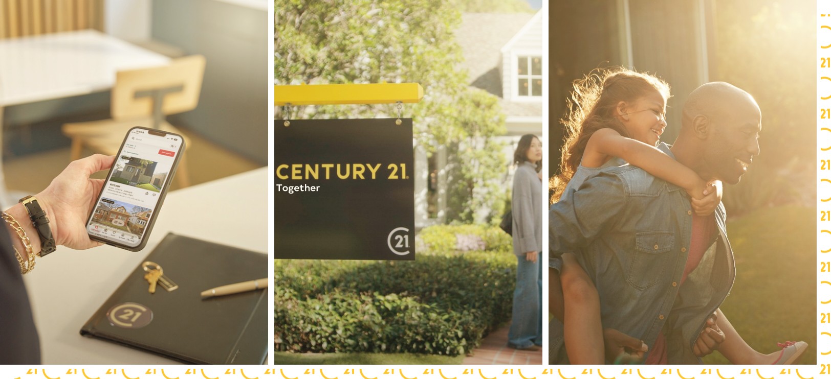 A listing promoted on a smartphone, a CENTURY 21 Together yard sign in front of a home, and a happy seller family