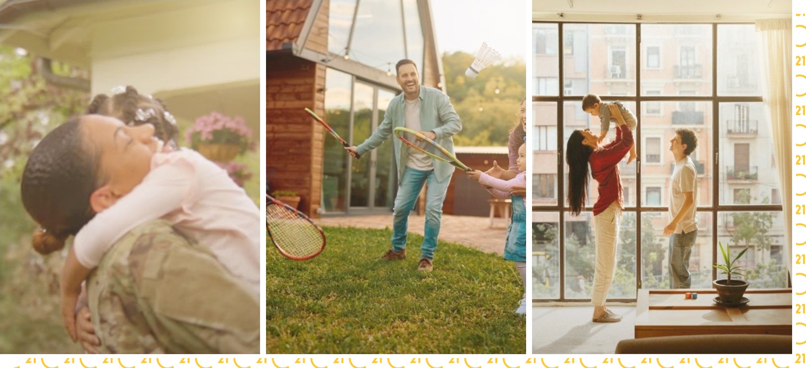 Three homebuyers: a service member embracing her daughter, a family playing in their yard, and a young family at home